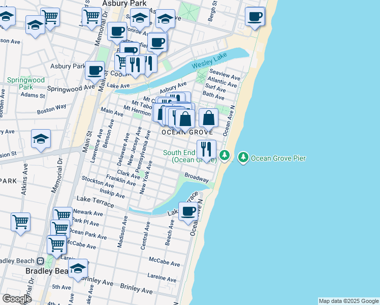 map of restaurants, bars, coffee shops, grocery stores, and more near 44 Webb Avenue in Neptune Township