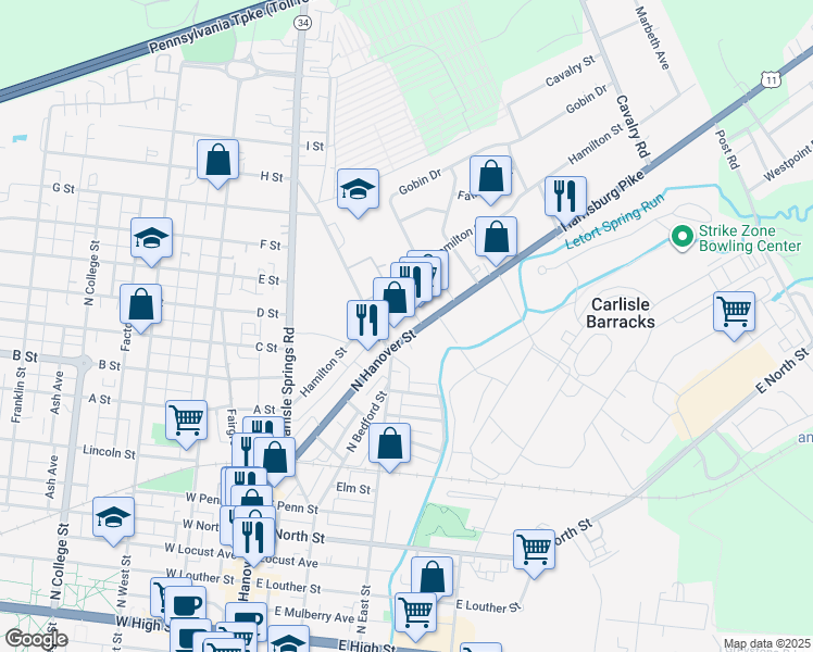 map of restaurants, bars, coffee shops, grocery stores, and more near 720 North Hanover Street in Carlisle