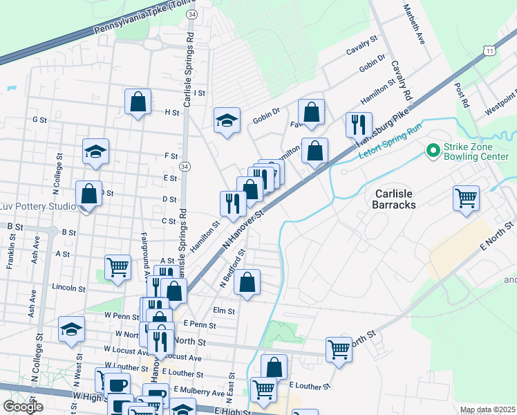 map of restaurants, bars, coffee shops, grocery stores, and more near 720 North Hanover Street in Carlisle