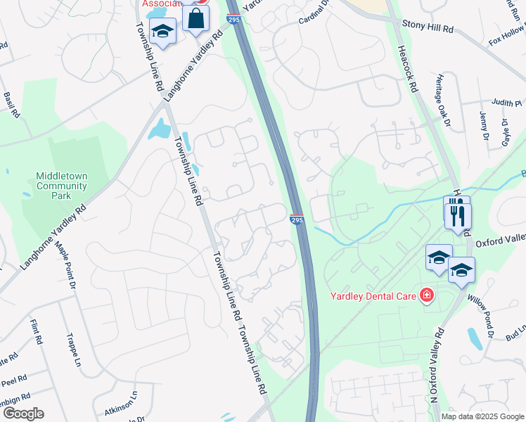 map of restaurants, bars, coffee shops, grocery stores, and more near 2001 Waterford Road in Yardley