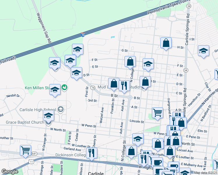 map of restaurants, bars, coffee shops, grocery stores, and more near 424 C Street in Carlisle