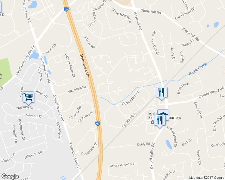 map of restaurants, bars, coffee shops, grocery stores, and more near 3303 Waltham Court in Yardley