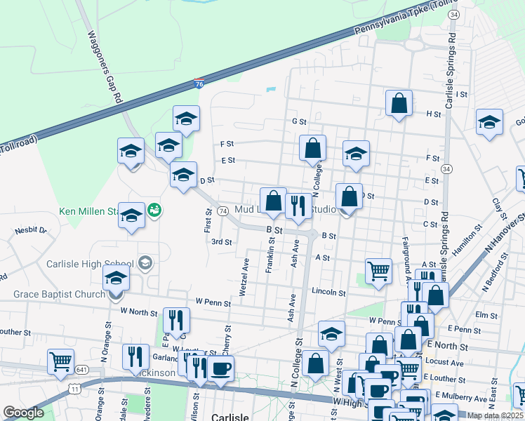 map of restaurants, bars, coffee shops, grocery stores, and more near 424 C Street in Carlisle
