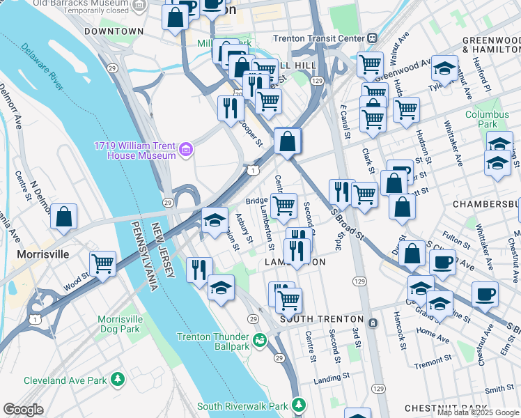 map of restaurants, bars, coffee shops, grocery stores, and more near 417 Lamberton Street in Trenton