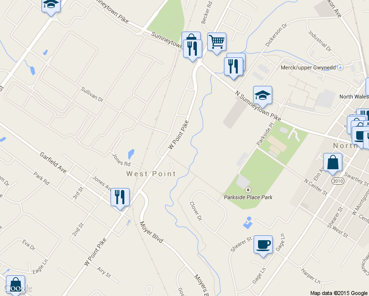 map of restaurants, bars, coffee shops, grocery stores, and more near 1679 West Point Pike in Lansdale