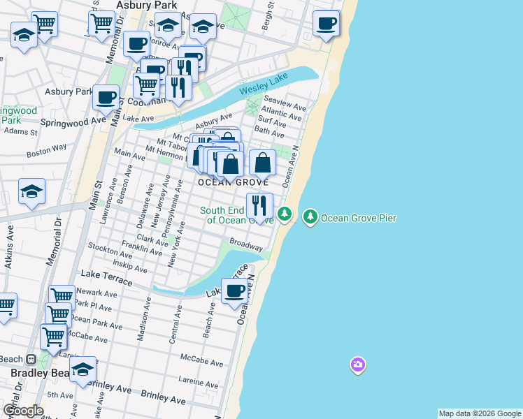 map of restaurants, bars, coffee shops, grocery stores, and more near 22 Ocean Avenue in Neptune Township