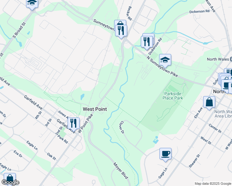 map of restaurants, bars, coffee shops, grocery stores, and more near 1679 West Point Pike in Lansdale