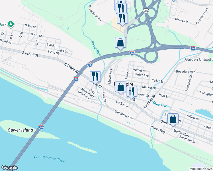 map of restaurants, bars, coffee shops, grocery stores, and more near 100 2nd Street in Highspire