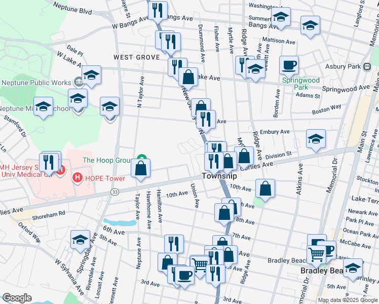 map of restaurants, bars, coffee shops, grocery stores, and more near 55 New Jersey 35 in Neptune City