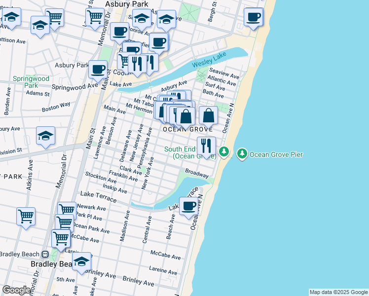 map of restaurants, bars, coffee shops, grocery stores, and more near 44 Webb Avenue in Neptune Township