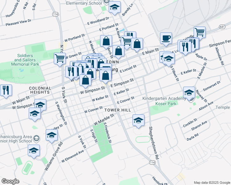 map of restaurants, bars, coffee shops, grocery stores, and more near 9 East Keller Street in Mechanicsburg