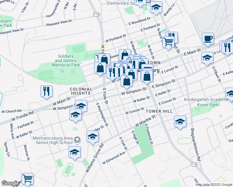 map of restaurants, bars, coffee shops, grocery stores, and more near 203 West Simpson Street in Mechanicsburg