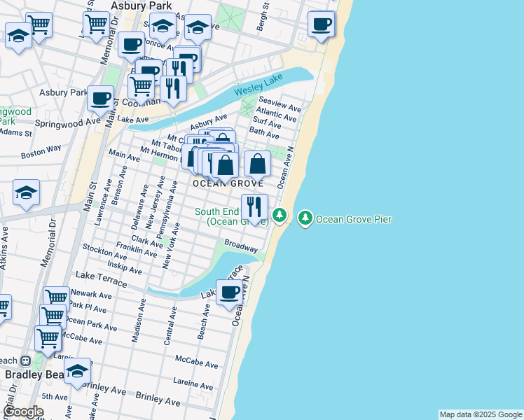 map of restaurants, bars, coffee shops, grocery stores, and more near 22 Ocean Avenue in Neptune Township