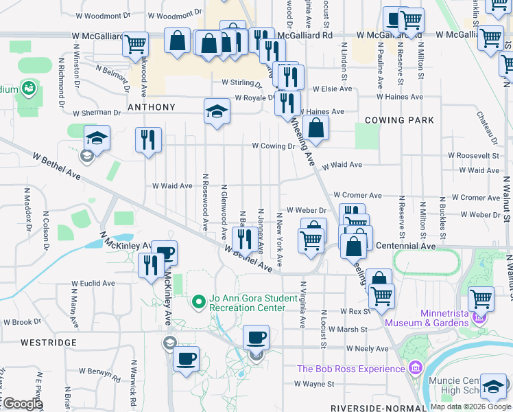 map of restaurants, bars, coffee shops, grocery stores, and more near 1901 North Janney Avenue in Muncie