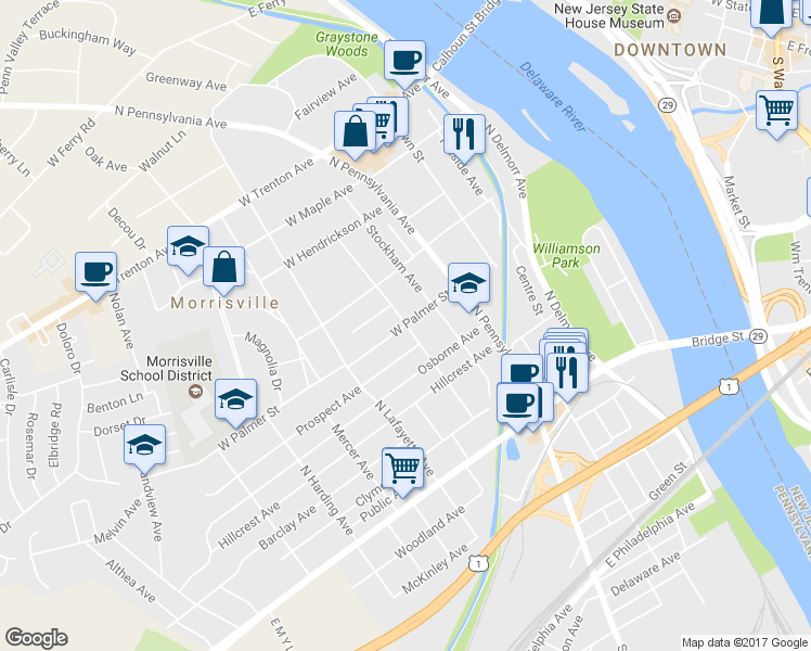 map of restaurants, bars, coffee shops, grocery stores, and more near 299 West Palmer Street in Morrisville