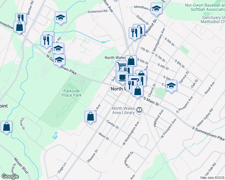 map of restaurants, bars, coffee shops, grocery stores, and more near 124 West Elm Avenue in North Wales