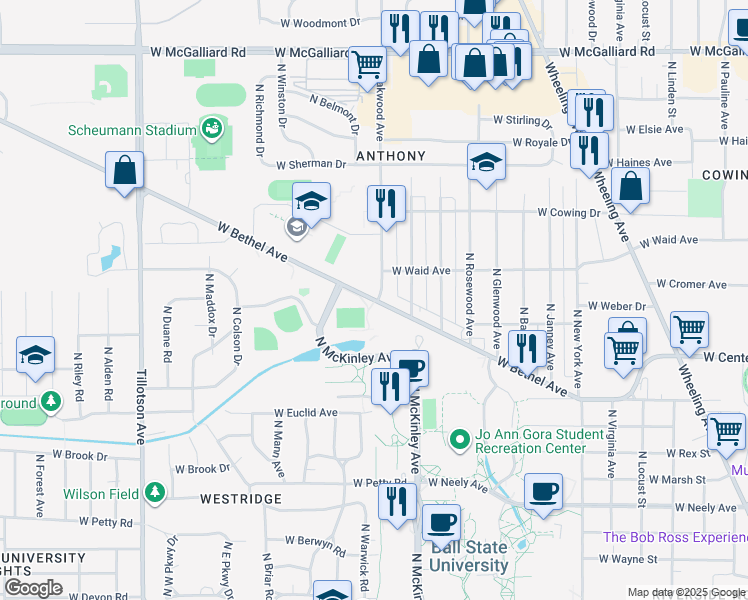 map of restaurants, bars, coffee shops, grocery stores, and more near 2001 West Bethel Avenue in Muncie