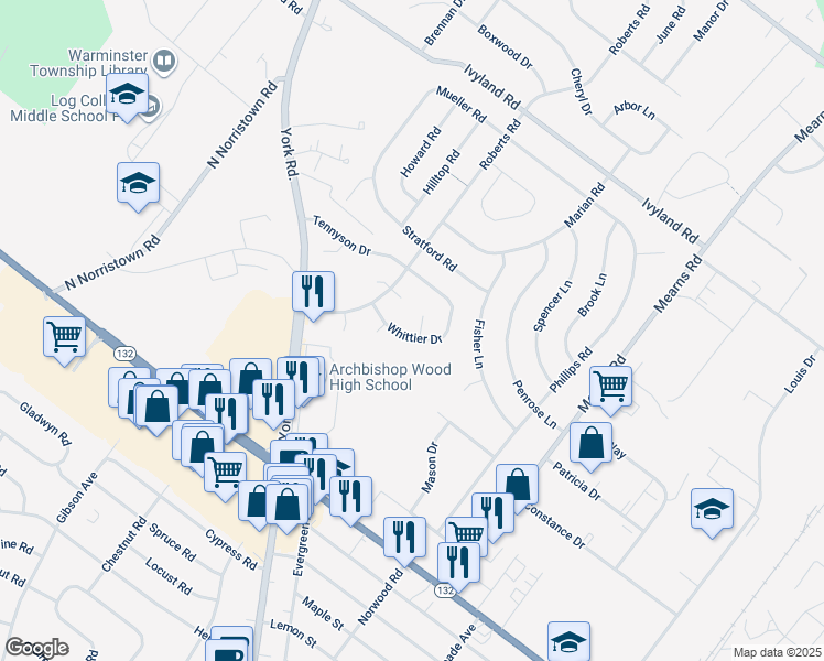 map of restaurants, bars, coffee shops, grocery stores, and more near 632 Longfellow Court in Warminster