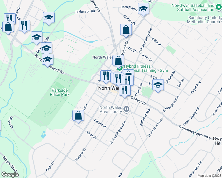 map of restaurants, bars, coffee shops, grocery stores, and more near 118 West Walnut Street in North Wales