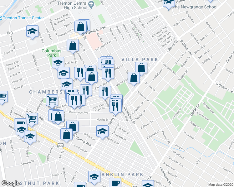 map of restaurants, bars, coffee shops, grocery stores, and more near Chambers St & Ashmore Ave in Trenton