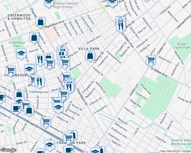map of restaurants, bars, coffee shops, grocery stores, and more near 222 East Franklin Street in Trenton