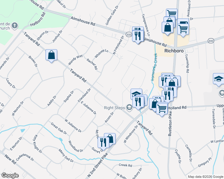 map of restaurants, bars, coffee shops, grocery stores, and more near 115 Tanyard Road in Richboro