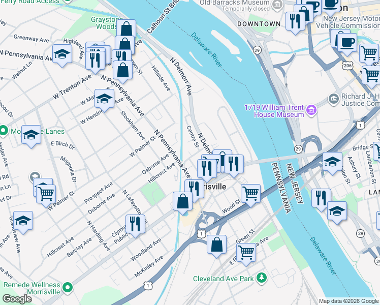 map of restaurants, bars, coffee shops, grocery stores, and more near 26 Union Street in Morrisville