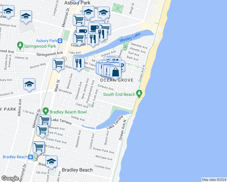 map of restaurants, bars, coffee shops, grocery stores, and more near 46 Embury Avenue in Monmouth County