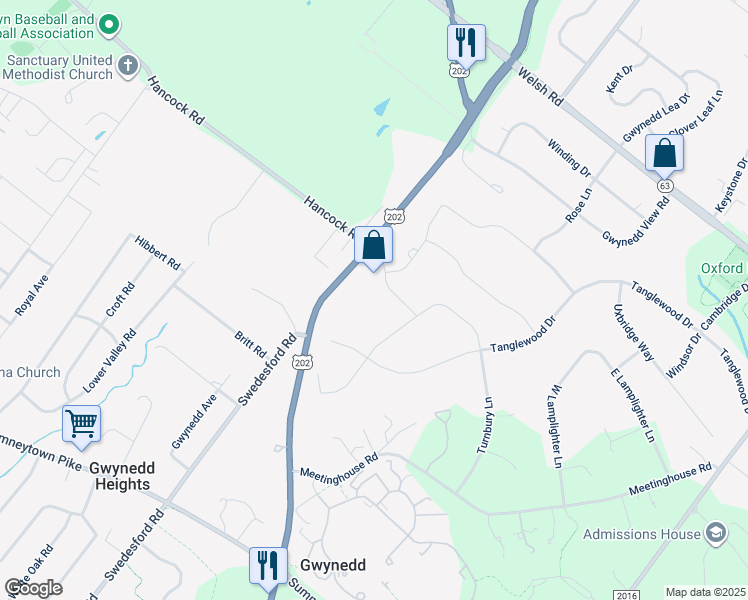 map of restaurants, bars, coffee shops, grocery stores, and more near 1632 Hancock Road in North Wales