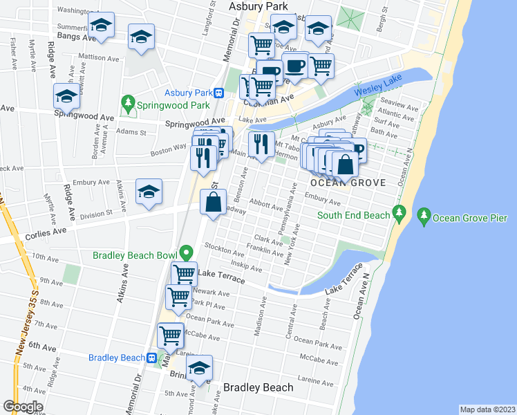 map of restaurants, bars, coffee shops, grocery stores, and more near 116 Abbott Avenue in Monmouth County