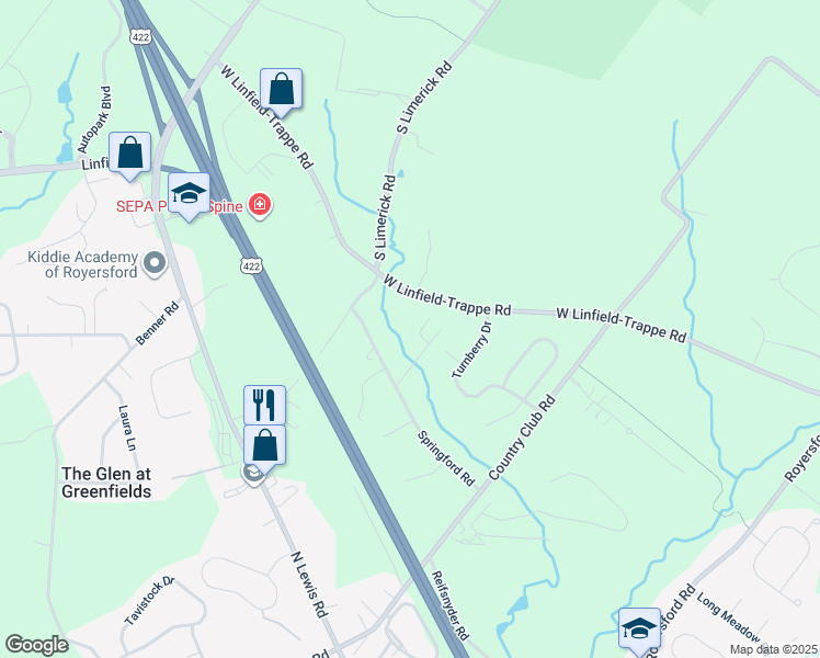 map of restaurants, bars, coffee shops, grocery stores, and more near 29 Springford Road in Royersford