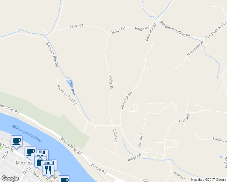 map of restaurants, bars, coffee shops, grocery stores, and more near 85 Ridge Road in Monongahela