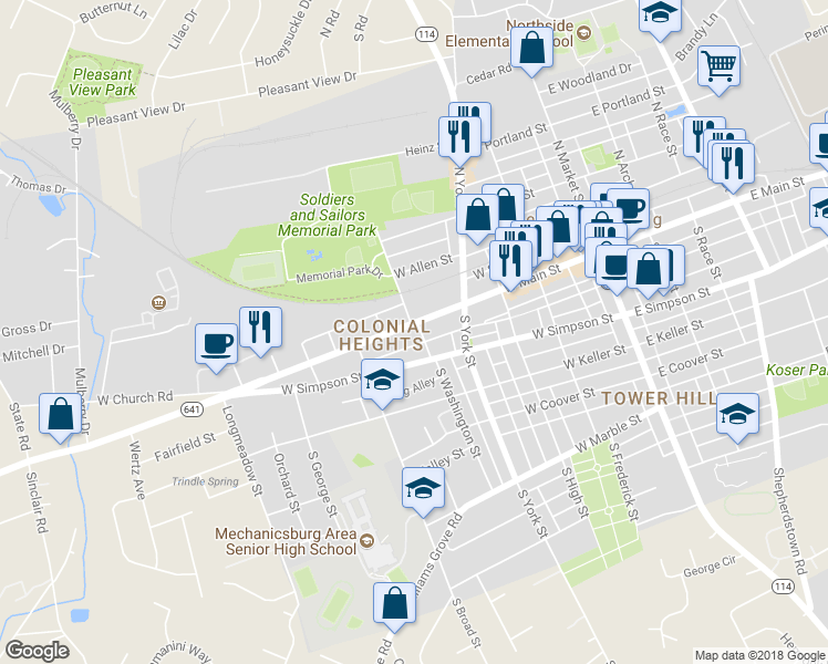 map of restaurants, bars, coffee shops, grocery stores, and more near 403 West Main Street in Mechanicsburg