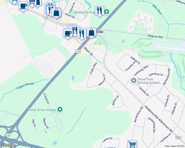 map of restaurants, bars, coffee shops, grocery stores, and more near 1 Grapevine Court in Robbinsville Township
