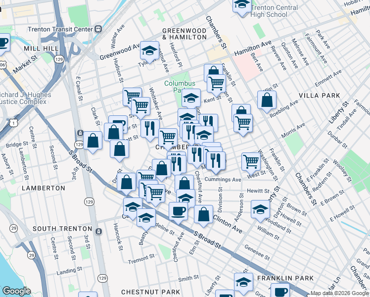 map of restaurants, bars, coffee shops, grocery stores, and more near in Trenton