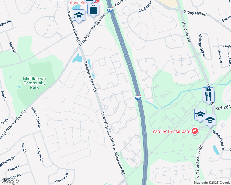 map of restaurants, bars, coffee shops, grocery stores, and more near 1807 Waterford Road in Yardley