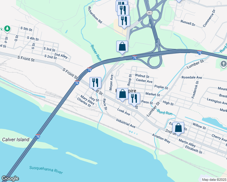 map of restaurants, bars, coffee shops, grocery stores, and more near 18 Vine Street in Highspire