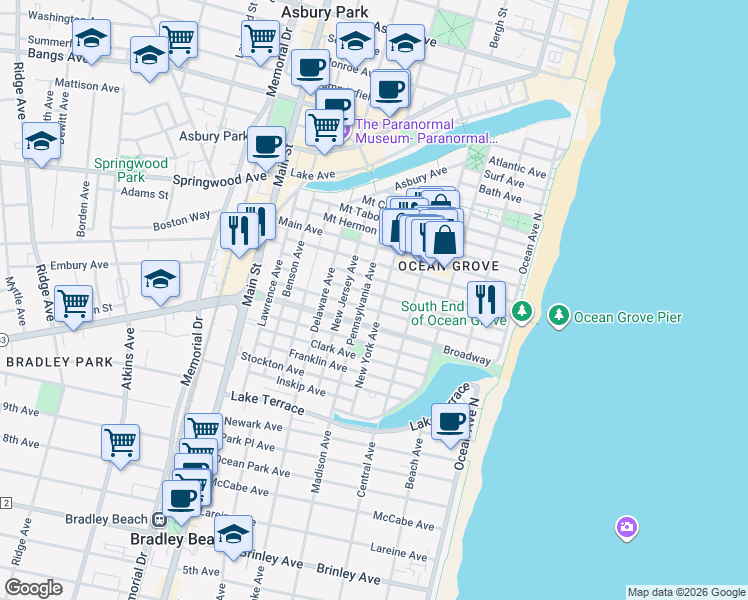 map of restaurants, bars, coffee shops, grocery stores, and more near 84 Webb Avenue in Ocean Grove