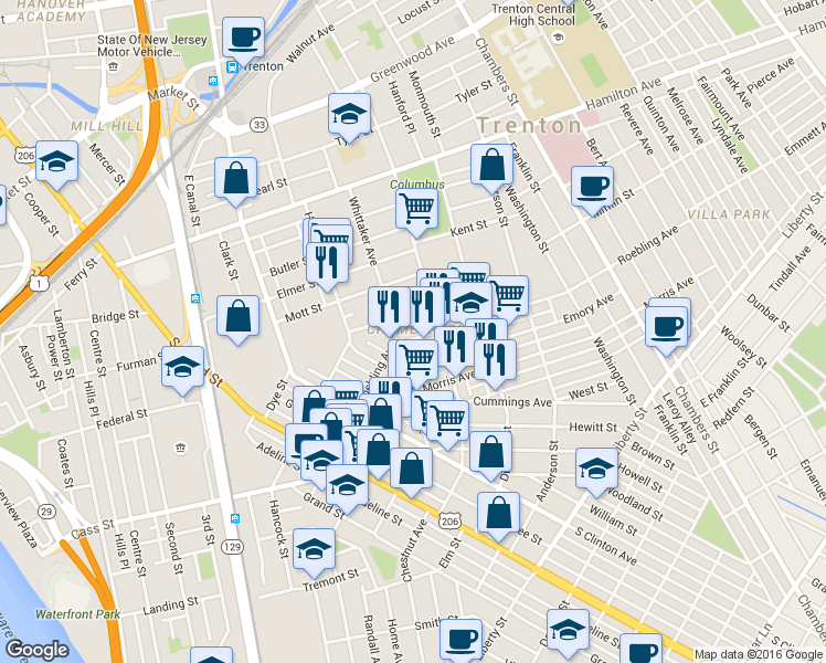 map of restaurants, bars, coffee shops, grocery stores, and more near 522 Roebling Avenue in Trenton