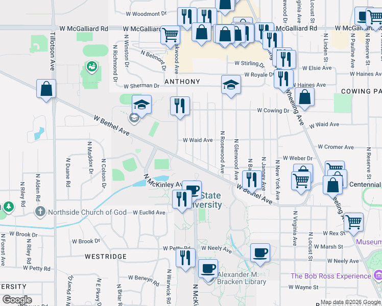 map of restaurants, bars, coffee shops, grocery stores, and more near 1900 West Bethel Avenue in Muncie
