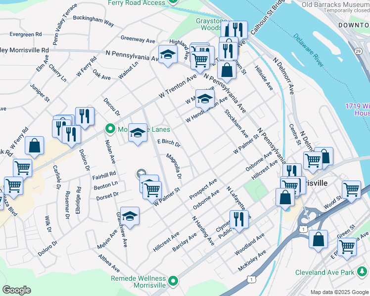 map of restaurants, bars, coffee shops, grocery stores, and more near 425 Jefferson Avenue in Morrisville