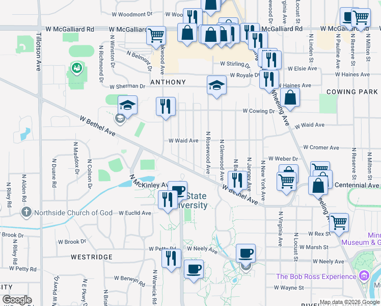 map of restaurants, bars, coffee shops, grocery stores, and more near 1864 North Maplewood Avenue in Muncie
