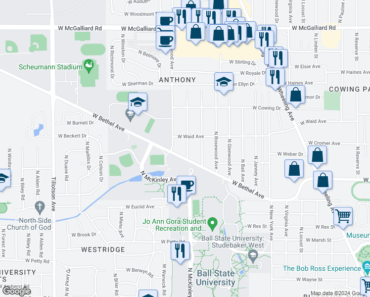 map of restaurants, bars, coffee shops, grocery stores, and more near 1900 West Bethel Avenue in Muncie