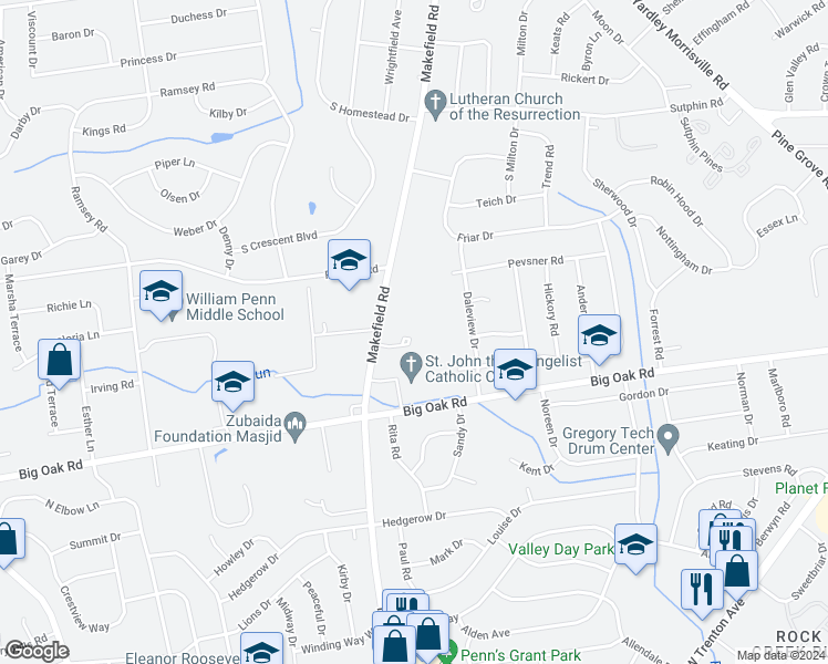map of restaurants, bars, coffee shops, grocery stores, and more near 8 Pennsbury Court in Yardley