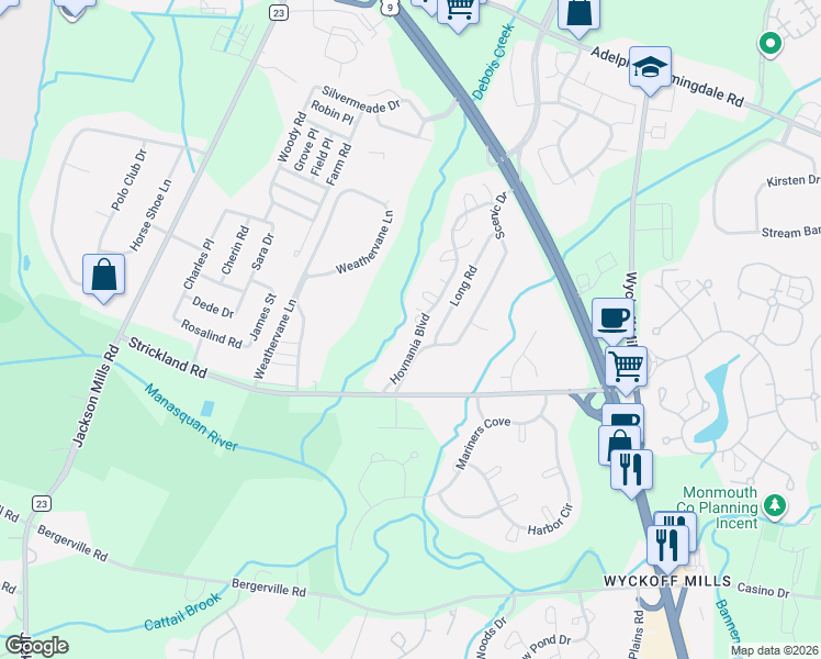 map of restaurants, bars, coffee shops, grocery stores, and more near 4 Scenic Drive in Freehold