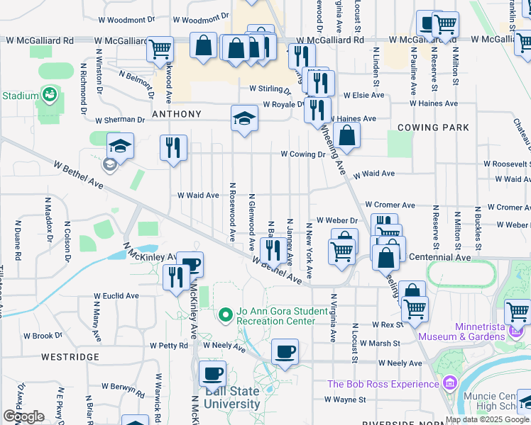 map of restaurants, bars, coffee shops, grocery stores, and more near 2001 North Ball Avenue in Muncie