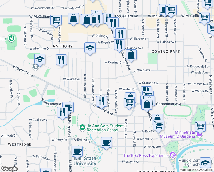 map of restaurants, bars, coffee shops, grocery stores, and more near 1901 North Janney Avenue in Muncie