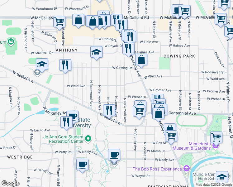 map of restaurants, bars, coffee shops, grocery stores, and more near 2001 North Janney Avenue in Muncie