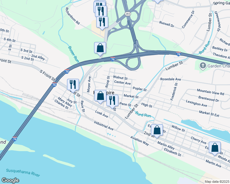 map of restaurants, bars, coffee shops, grocery stores, and more near 230 Market Street in Highspire