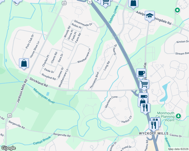 map of restaurants, bars, coffee shops, grocery stores, and more near 4 Scenic Drive in Freehold